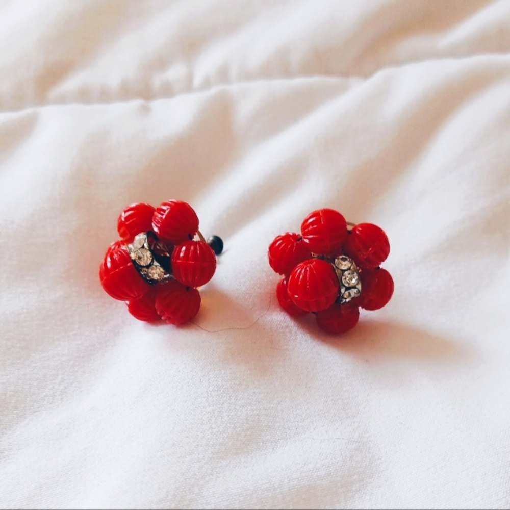 Red Floral Bauble Clip On Earrings Vintage Beaded Rhinestone Statement Retro